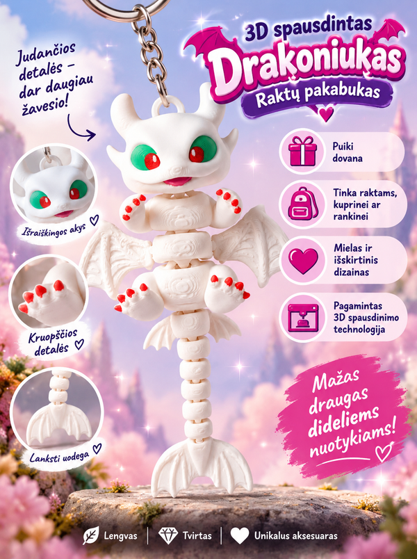 3D spausdintas Baltasis Drakoniukas – raktų pakabukas