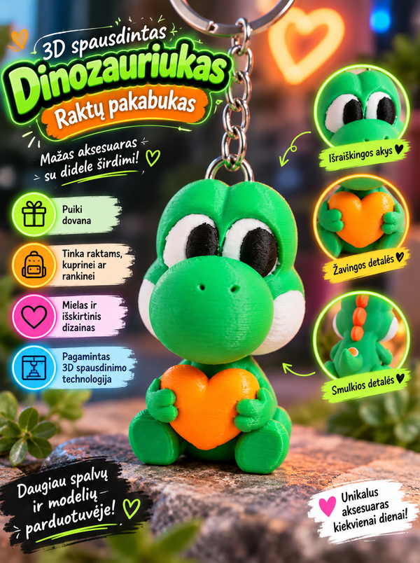 3D spausdintas Žalias Dinozauriukas su širdele – raktų pakabukas