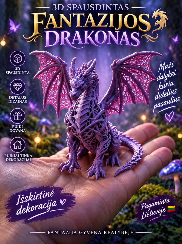 3D spausdintas Fantazijos Drakonas – dekoratyvinė figūrėlė 🐉✨